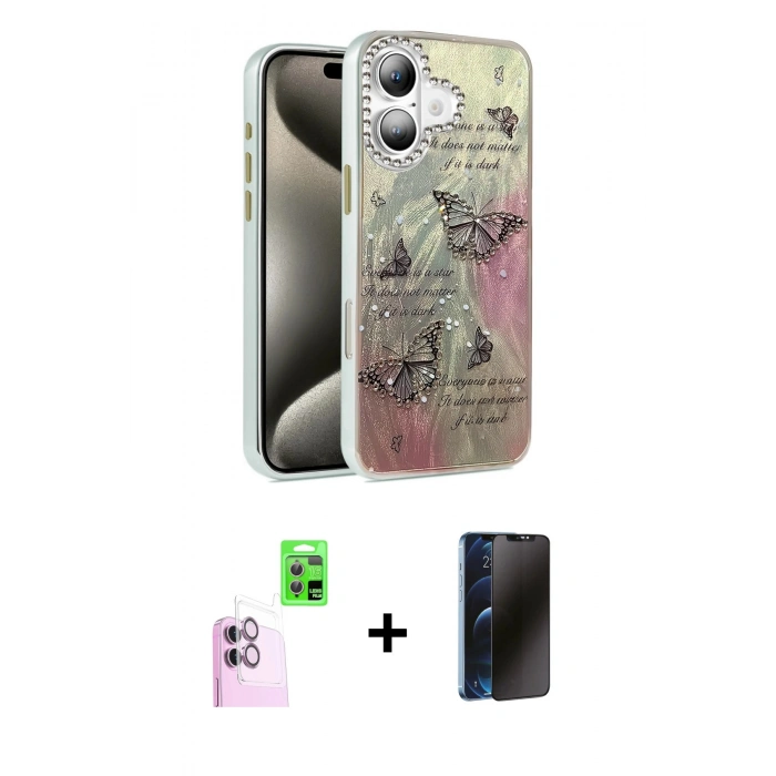 MARSİLYAN™- iPhone 16 Plus Kılıf Zirve Modern Prime - Siyah 3D Antistatik Hayalet Cam Ekran Koruyucu + Raze Metal Kamera Lens - PE