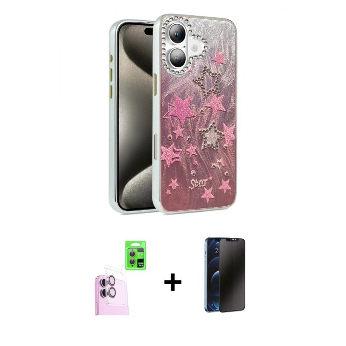 MARSİLYAN™- iPhone 16 Plus Kılıf Zirve Modern Prime - Siyah 3D Antistatik Hayalet Cam Ekran Koruyucu + Raze Metal Kamera Lens - PE