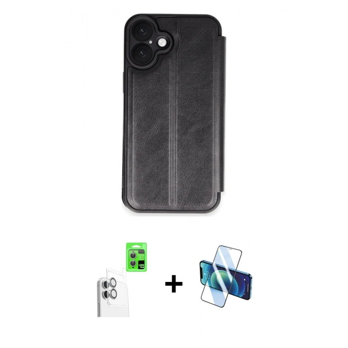 MARSİLYAN™- iPhone 16 Plus Kılıf Zirve Yansıma Serisi - Siyah 3D Antistatik Cam Ekran Koruyucu + Raze Metal Kamera Lens - BZ