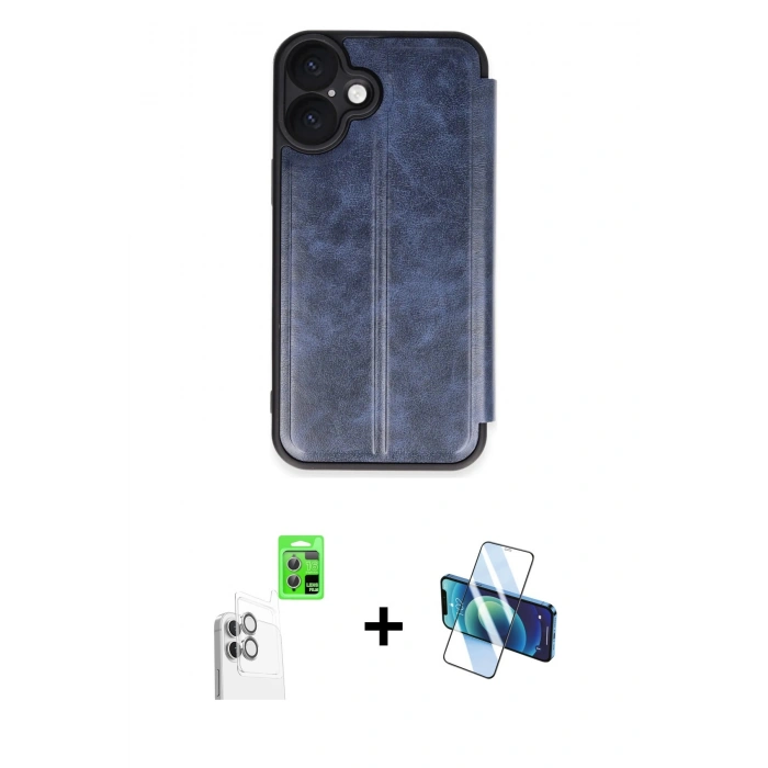 MARSİLYAN™- iPhone 16 Plus Kılıf Zirve Yansıma Serisi - Siyah 3D Antistatik Cam Ekran Koruyucu + Raze Metal Kamera Lens - BZ