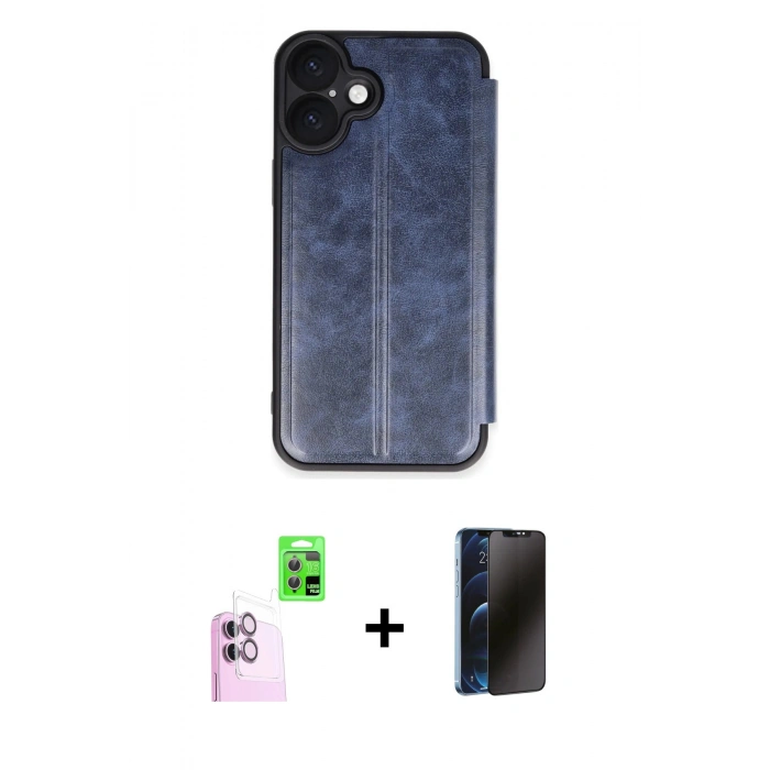 MARSİLYAN™- iPhone 16 Plus Kılıf Zirve Yansıma Serisi - Siyah 3D Antistatik Hayalet Cam Ekran Koruyucu + Raze Metal Kamera Lens - PE
