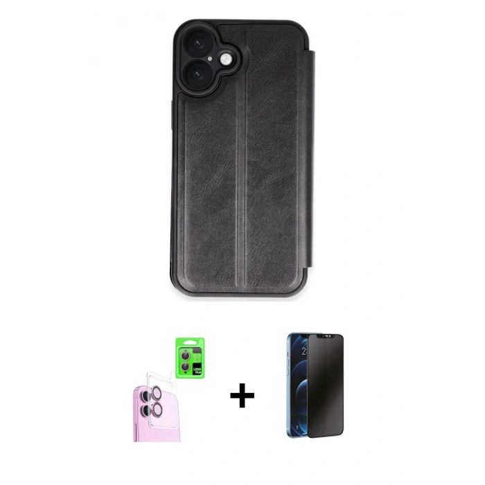 MARSİLYAN™- iPhone 16 Plus Kılıf Zirve Yansıma Serisi - Siyah 3D Antistatik Hayalet Cam Ekran Koruyucu + Raze Metal Kamera Lens - PE