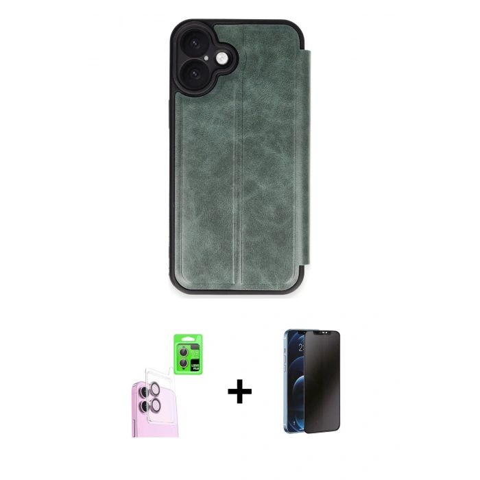 MARSİLYAN™- iPhone 16 Plus Kılıf Zirve Yansıma Serisi - Siyah 3D Antistatik Hayalet Cam Ekran Koruyucu + Raze Metal Kamera Lens - PE