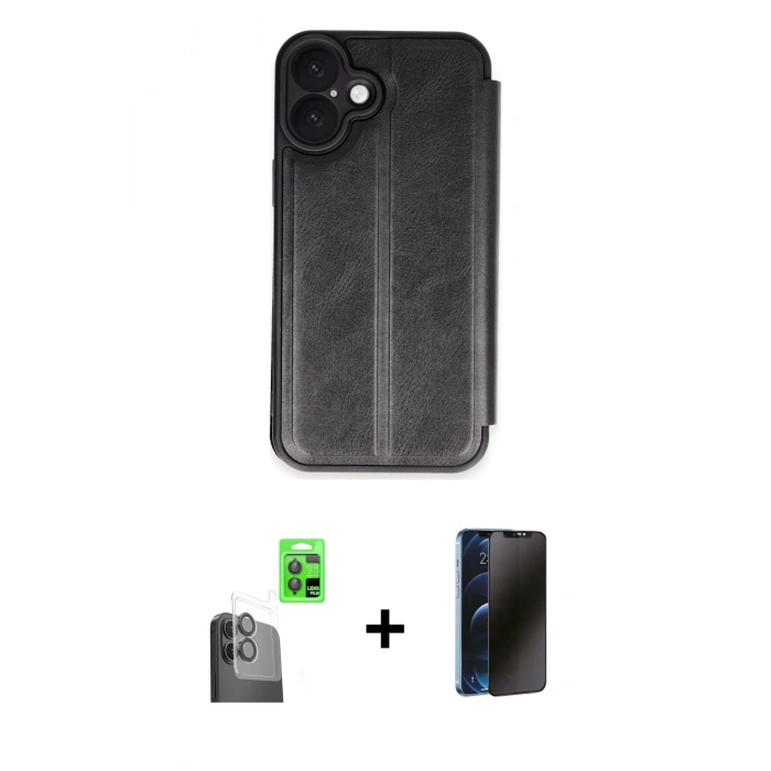 MARSİLYAN™- iPhone 16 Plus Kılıf Zirve Yansıma Serisi - Siyah 3D Antistatik Hayalet Cam Ekran Koruyucu + Raze Metal Kamera Lens - SH