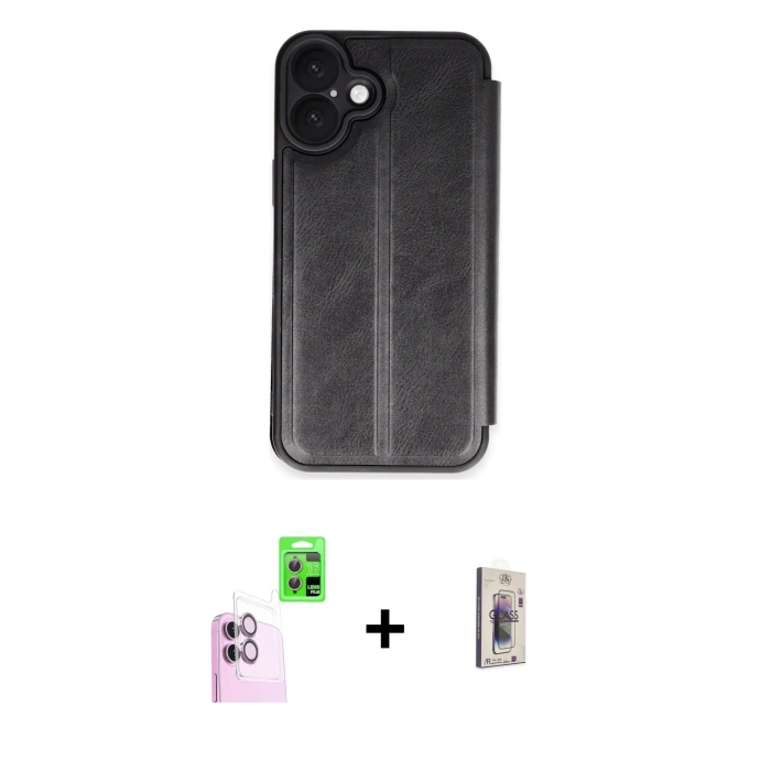 MARSİLYAN™- iPhone 16 Plus Kılıf Zirve Yansıma Serisi - Siyah Bilvis 3D Cam Ekran Koruyucu + Raze Metal Kamera Lens - PE