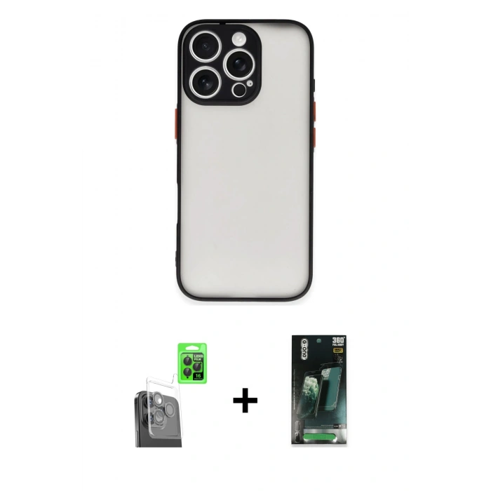 MARSİLYAN™- iPhone 16 Pro Kılıf Ahenk Çizgi Serisi - Siyah 360 Mat Full Body Arka Koruyucu + Raze Metal Kamera Lens - SH