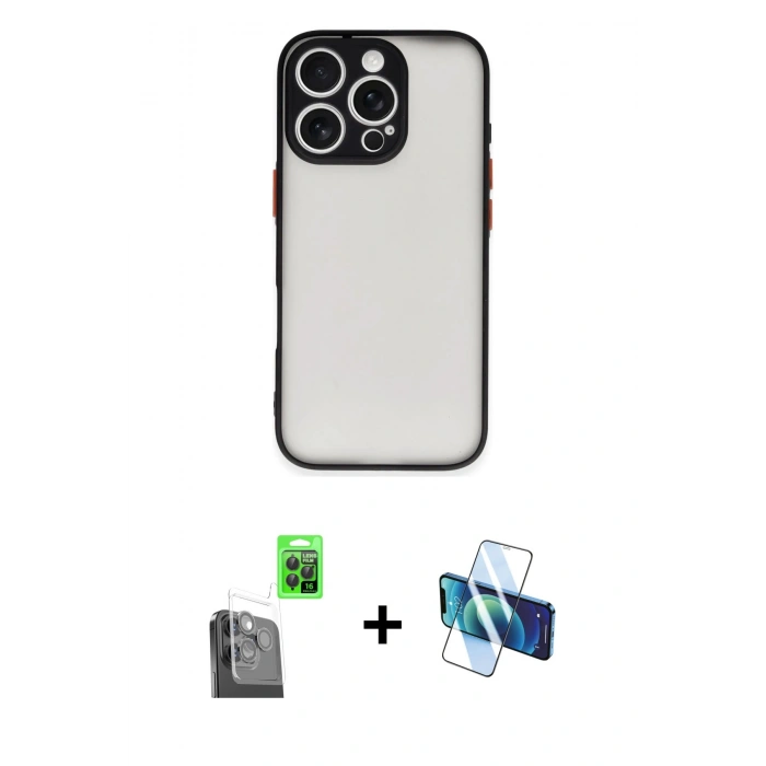 MARSİLYAN™- iPhone 16 Pro Kılıf Ahenk Çizgi Serisi - Siyah 3D Antistatik Cam Ekran Koruyucu + Raze Metal Kamera Lens - SH
