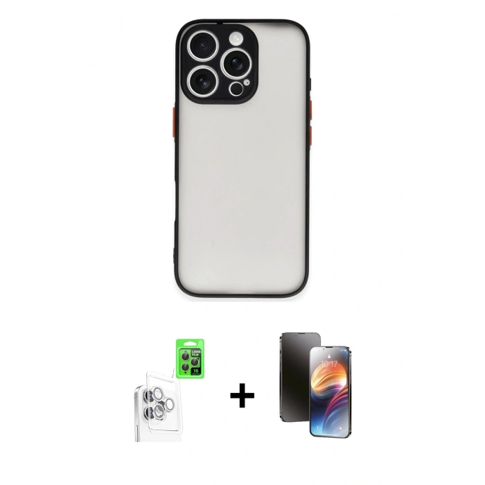 MARSİLYAN™- iPhone 16 Pro Kılıf Ahenk Çizgi Serisi - Siyah 3D Antistatik Mat Seramik Nano Ekran Koruyucu + Raze Metal Kamera Lens - BZ