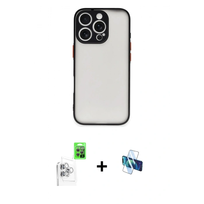 MARSİLYAN™- iPhone 16 Pro Kılıf Ahenk Çizgi Serisi - Siyah 3D Antistatik Seramik Nano Ekran Koruyucu + Raze Metal Kamera Lens - BZ