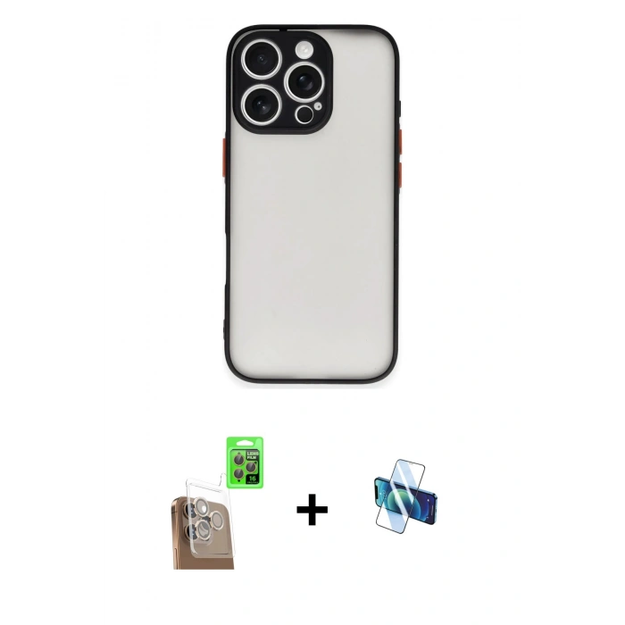MARSİLYAN™- iPhone 16 Pro Kılıf Ahenk Çizgi Serisi - Siyah 3D Antistatik Seramik Nano Ekran Koruyucu + Çöl Titanyum Raze Metal Kamera Lens