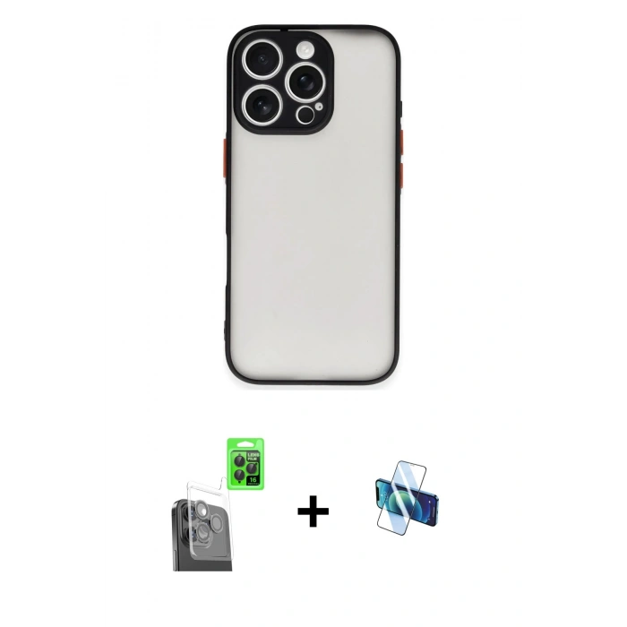 MARSİLYAN™- iPhone 16 Pro Kılıf Ahenk Çizgi Serisi - Siyah 3D Antistatik Seramik Nano Ekran Koruyucu + Raze Metal Kamera Lens - SH