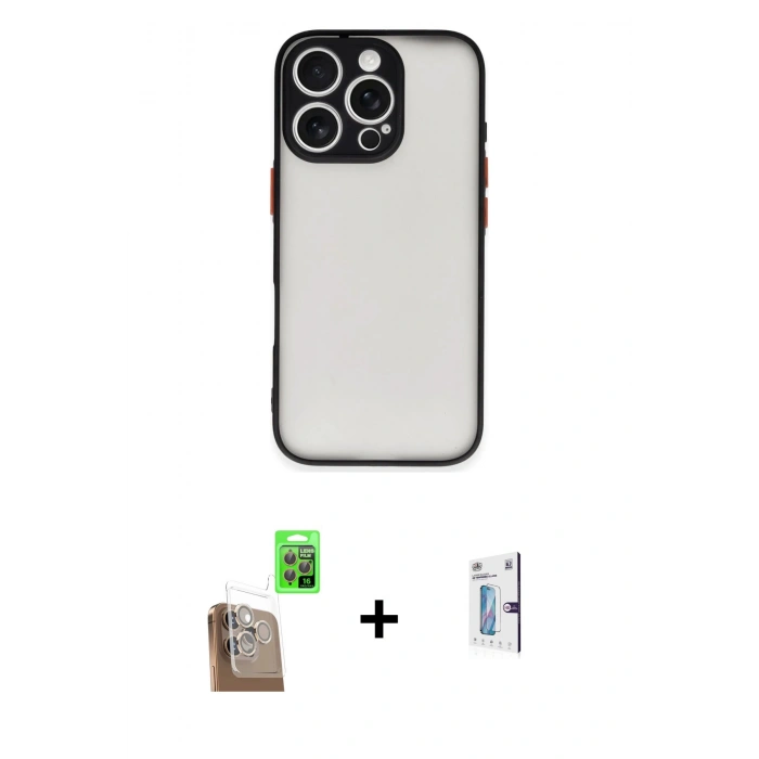 MARSİLYAN™- iPhone 16 Pro Kılıf Ahenk Çizgi Serisi - Siyah Bilvis 0.18mm Plus Cam Ekran Koruyucu + Raze Metal Kamera Lens - CLTM
