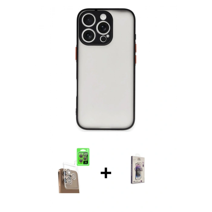 MARSİLYAN™- iPhone 16 Pro Kılıf Ahenk Çizgi Serisi - Siyah Bilvis 3D Cam Ekran Koruyucu + Çöl Titanyum Raze Metal Kamera Lens