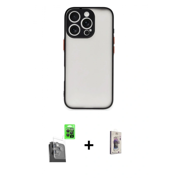 MARSİLYAN™- iPhone 16 Pro Kılıf Ahenk Çizgi Serisi - Siyah Bilvis 3D Cam Ekran Koruyucu + Raze Metal Kamera Lens - SH