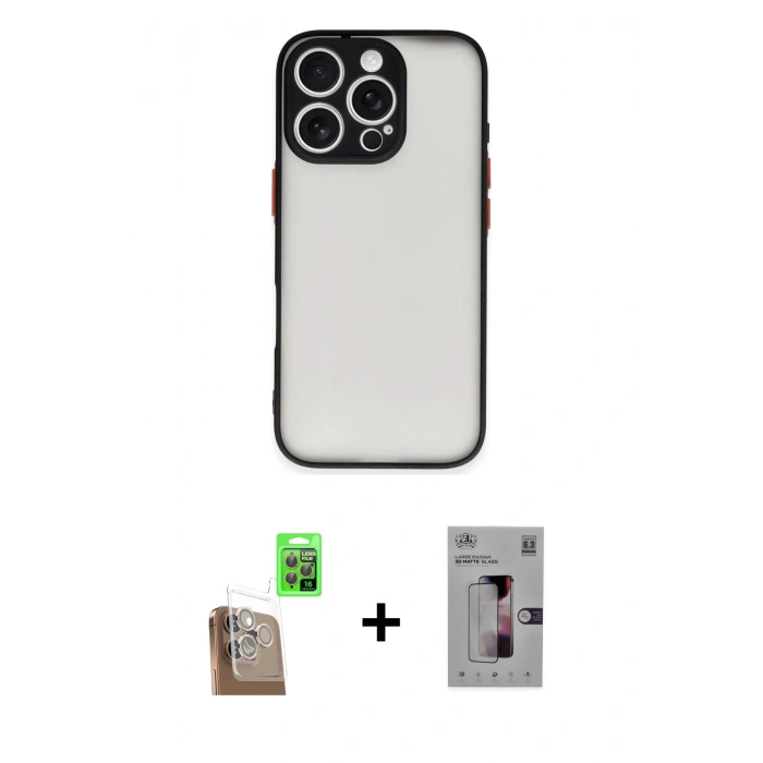 MARSİLYAN™- iPhone 16 Pro Kılıf Ahenk Çizgi Serisi - Siyah Bilvis 3D Mat Cam Ekran Koruyucu + Çöl Titanyum Raze Metal Kamera Lens