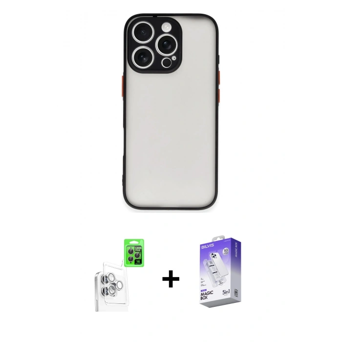 MARSİLYAN™- iPhone 16 Pro Kılıf Ahenk Çizgi Serisi - Siyah Bilvis 5in1 3D Magic Cam Ekran Koruyucu + Raze Metal Kamera Lens - BZ