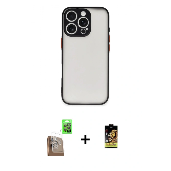 MARSİLYAN™- iPhone 16 Pro Kılıf Ahenk Çizgi Serisi - Siyah Buffer Cam Ekran Koruyucu + Raze Metal Kamera Lens - CLTM