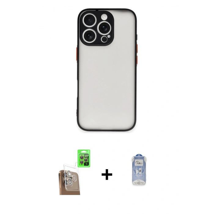 MARSİLYAN™- iPhone 16 Pro Kılıf Ahenk Çizgi Serisi - Siyah Joko Magic 5D Cam + Raze Metal Kamera Lens - CLTM