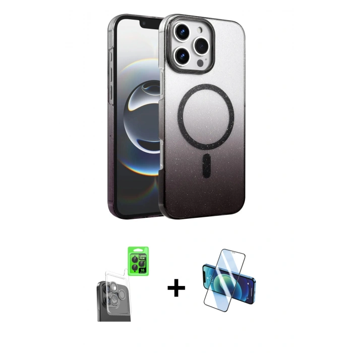 MARSİLYAN™- iPhone 16 Pro Kılıf Ahenk Doku Özel Seri - Siyah 3D Antistatik Cam Ekran Koruyucu + Raze Metal Kamera Lens - SH