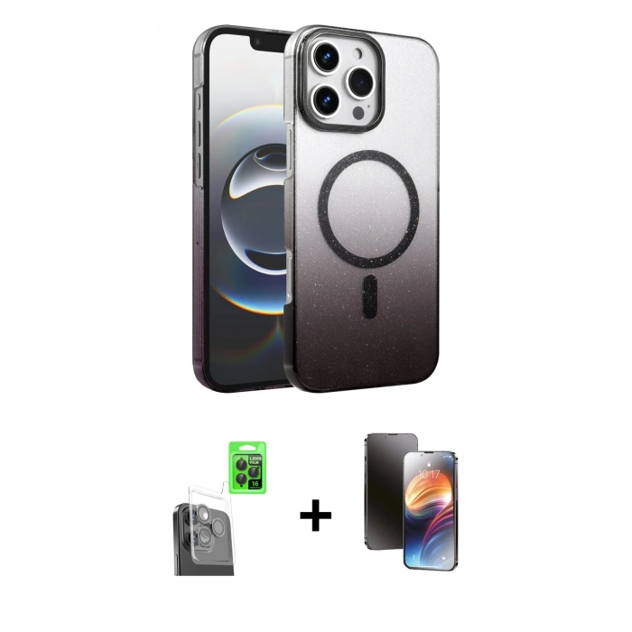MARSİLYAN™- iPhone 16 Pro Kılıf Ahenk Doku Özel Seri - Siyah 3D Antistatik Mat Seramik Nano Ekran Koruyucu + Raze Metal Kamera Lens - SH