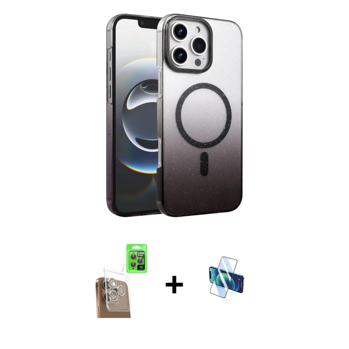 MARSİLYAN™- iPhone 16 Pro Kılıf Ahenk Doku Özel Seri - Siyah 3D Antistatik Seramik Nano Ekran Koruyucu + Raze Metal Kamera Lens - CLTM