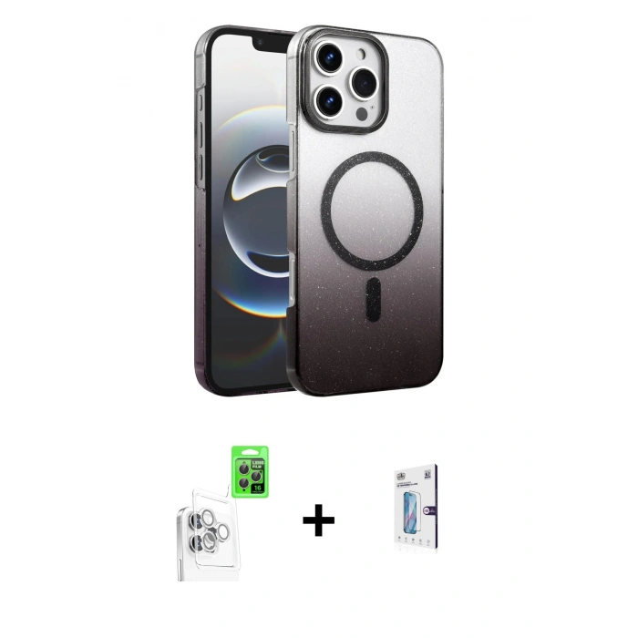 MARSİLYAN™- iPhone 16 Pro Kılıf Ahenk Doku Özel Seri - Siyah Bilvis 0.18mm Plus Cam Ekran Koruyucu + Raze Metal Kamera Lens - BZ