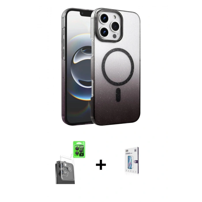 MARSİLYAN™- iPhone 16 Pro Kılıf Ahenk Doku Özel Seri - Siyah Bilvis 0.18mm Plus Cam Ekran Koruyucu + Raze Metal Kamera Lens - SH
