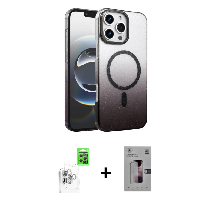 MARSİLYAN™- iPhone 16 Pro Kılıf Ahenk Doku Özel Seri - Siyah Bilvis 3D Mat Cam Ekran Koruyucu + Raze Metal Kamera Lens - BZ