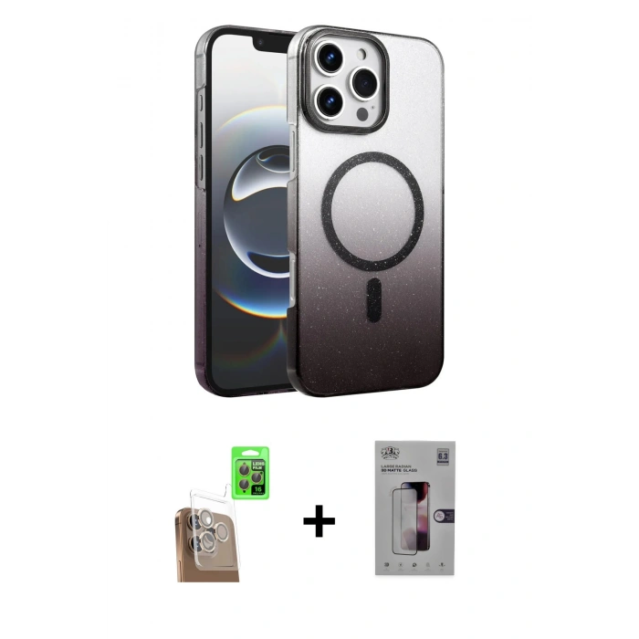 MARSİLYAN™- iPhone 16 Pro Kılıf Ahenk Doku Özel Seri - Siyah Bilvis 3D Mat Cam Ekran Koruyucu + Çöl Titanyum Raze Metal Kamera Lens