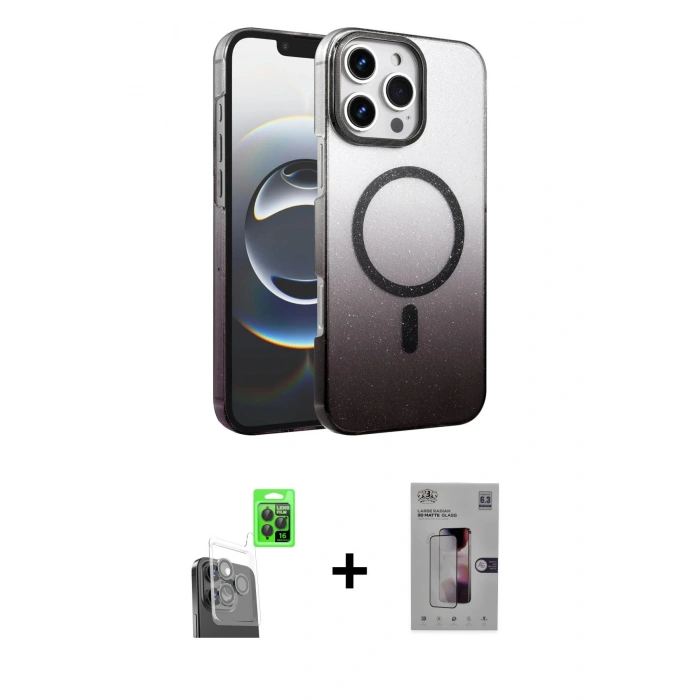 MARSİLYAN™- iPhone 16 Pro Kılıf Ahenk Doku Özel Seri - Siyah Bilvis 3D Mat Cam Ekran Koruyucu + Raze Metal Kamera Lens - SH
