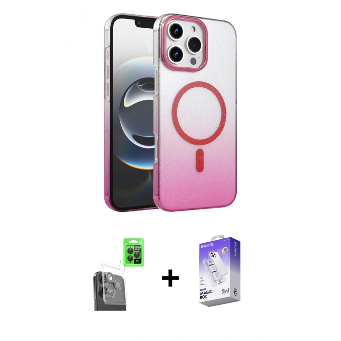 MARSİLYAN™- iPhone 16 Pro Kılıf Ahenk Doku Özel Seri - Siyah Bilvis 5in1 3D Magic Cam Ekran Koruyucu + Raze Metal Kamera Lens - SH