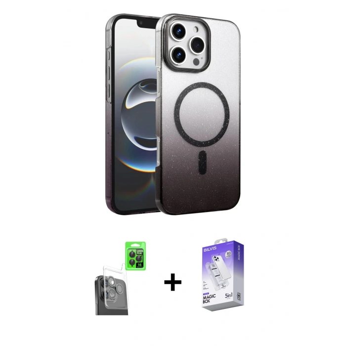 MARSİLYAN™- iPhone 16 Pro Kılıf Ahenk Doku Özel Seri - Siyah Bilvis 5in1 3D Magic Cam Ekran Koruyucu + Raze Metal Kamera Lens - SH