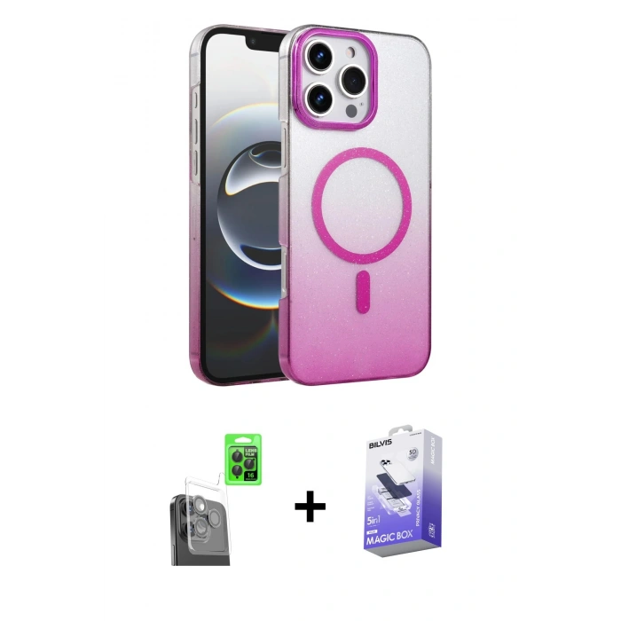MARSİLYAN™- iPhone 16 Pro Kılıf Ahenk Doku Özel Seri - Siyah Bilvis 5in1 5D Magic Hayalet Cam Ekran Koruyucu + Raze Metal Kamera Lens - SH