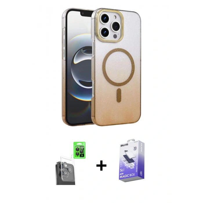 MARSİLYAN™- iPhone 16 Pro Kılıf Ahenk Doku Özel Seri - Siyah Bilvis 5in1 5D Magic Hayalet Cam Ekran Koruyucu + Raze Metal Kamera Lens - SH