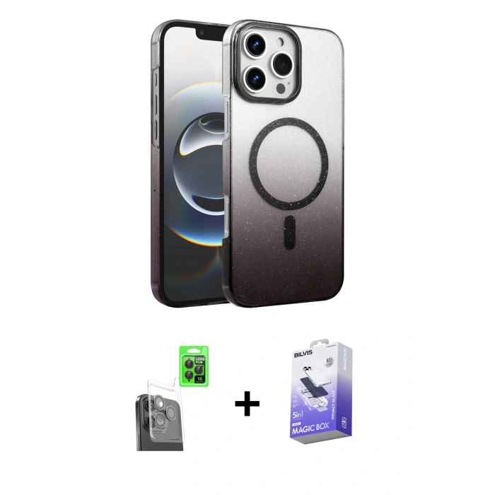 MARSİLYAN™- iPhone 16 Pro Kılıf Ahenk Doku Özel Seri - Siyah Bilvis 5in1 5D Magic Hayalet Cam Ekran Koruyucu + Raze Metal Kamera Lens - SH