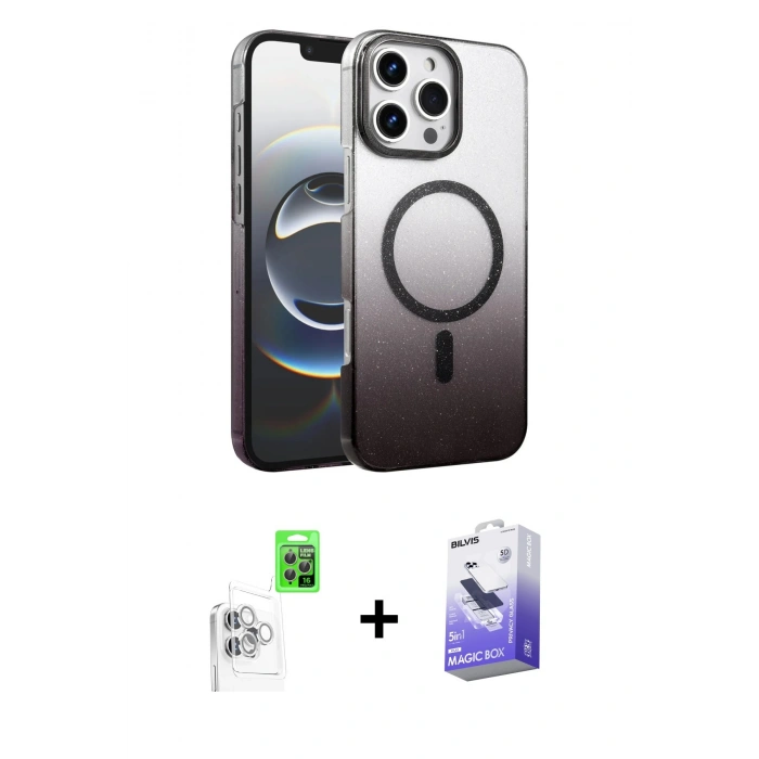MARSİLYAN™- iPhone 16 Pro Kılıf Ahenk Doku Özel Seri - Siyah Bilvis 5in1 5D Magic Hayalet Cam Ekran Koruyucu + Raze Metal Kamera Lens - BZ