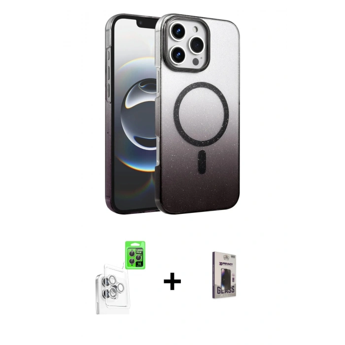 MARSİLYAN™- iPhone 16 Pro Kılıf Ahenk Doku Özel Seri - Siyah Bilvis Hayalet Cam Ekran Koruyucu + Raze Metal Kamera Lens - BZ