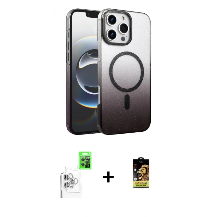 MARSİLYAN™- iPhone 16 Pro Kılıf Ahenk Doku Özel Seri - Siyah Buffer Cam Ekran Koruyucu + Raze Metal Kamera Lens - BZ