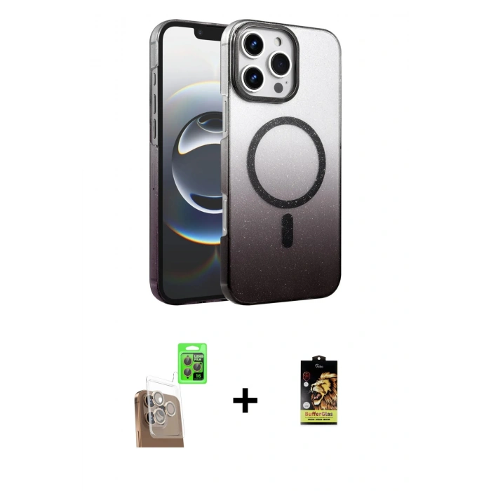 MARSİLYAN™- iPhone 16 Pro Kılıf Ahenk Doku Özel Seri - Siyah Buffer Cam Ekran Koruyucu + Raze Metal Kamera Lens - CLTM