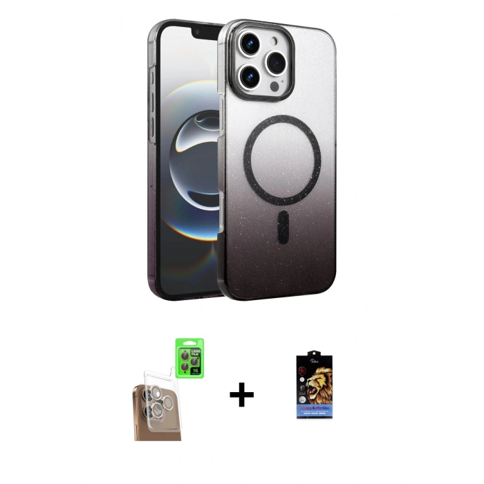 MARSİLYAN™- iPhone 16 Pro Kılıf Ahenk Doku Özel Seri - Siyah Buffer Hayalet Cam Ekran Koruyucu + Raze Metal Kamera Lens - CLTM