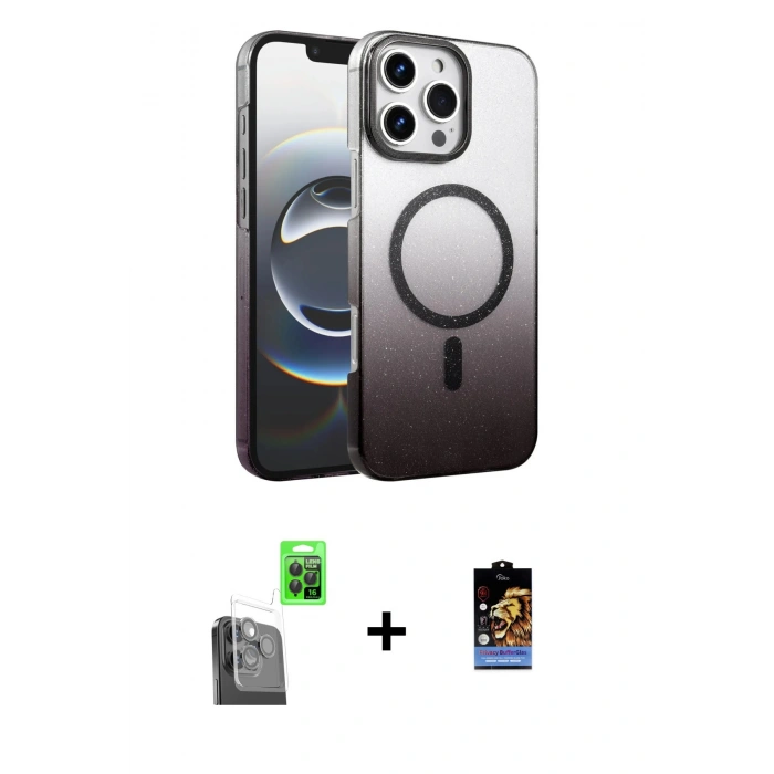 MARSİLYAN™- iPhone 16 Pro Kılıf Ahenk Doku Özel Seri - Siyah Buffer Hayalet Cam Ekran Koruyucu + Siyah Raze Metal Kamera Lens