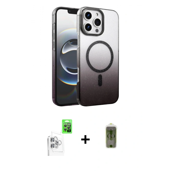 MARSİLYAN™- iPhone 16 Pro Kılıf Ahenk Doku Özel Seri - Siyah Joko Magic 5D Hayalet Cam + Raze Metal Kamera Lens - BZ