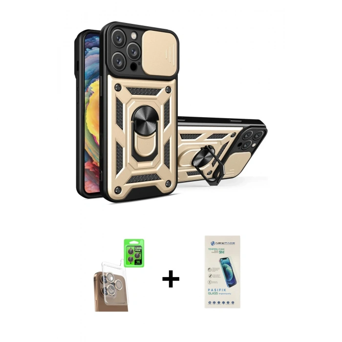 MARSİLYAN™- iPhone 16 Pro Kılıf Ahenk Klasik - Şeffaf Pasifik Cam Ekran Koruyucu + Raze Metal Kamera Lens - CLTM