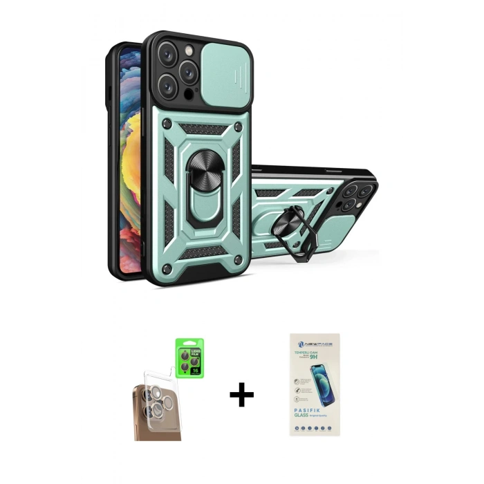MARSİLYAN™- iPhone 16 Pro Kılıf Ahenk Klasik - Şeffaf Pasifik Cam Ekran Koruyucu + Raze Metal Kamera Lens - CLTM