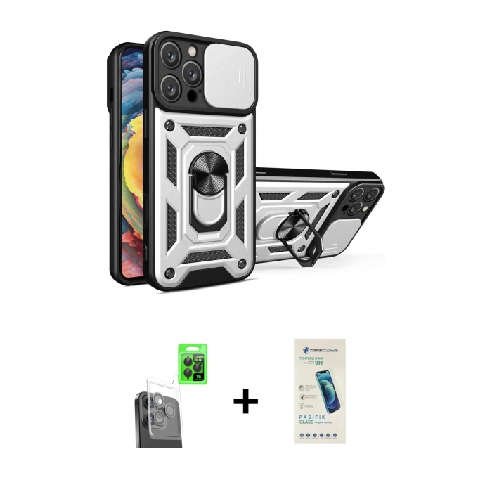 MARSİLYAN™- iPhone 16 Pro Kılıf Ahenk Klasik - Şeffaf Pasifik Cam Ekran Koruyucu + Raze Metal Kamera Lens - SH