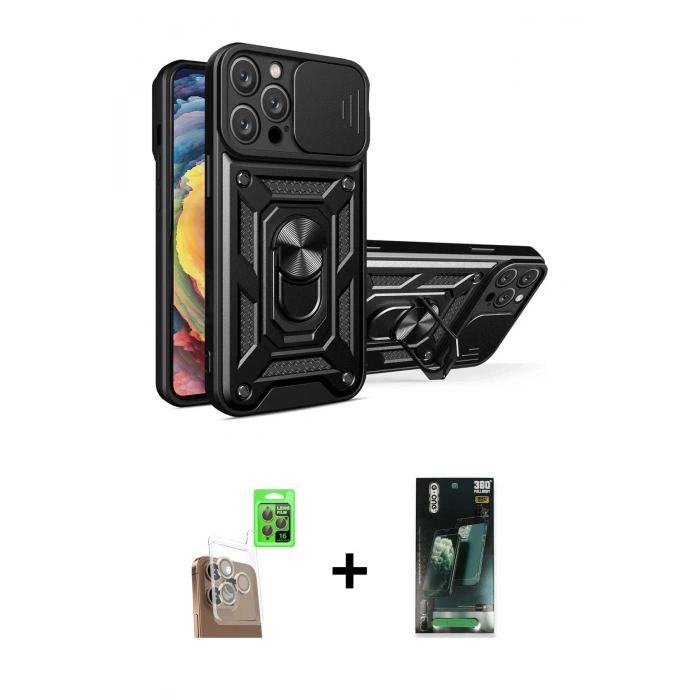 MARSİLYAN™- iPhone 16 Pro Kılıf Ahenk Klasik - Siyah 360 Mat Full Body Arka Koruyucu + Raze Metal Kamera Lens - CLTM