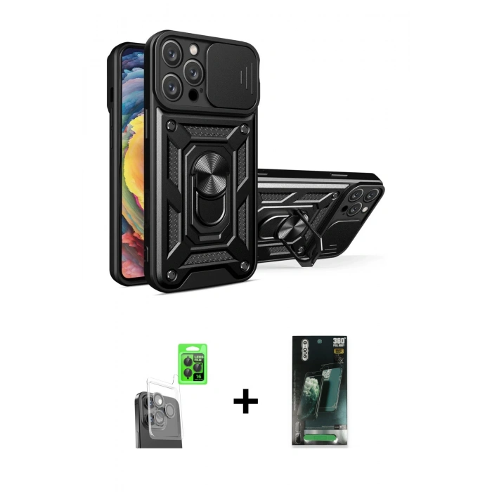 MARSİLYAN™- iPhone 16 Pro Kılıf Ahenk Klasik - Siyah 360 Mat Full Body Arka Koruyucu + Raze Metal Kamera Lens - SH
