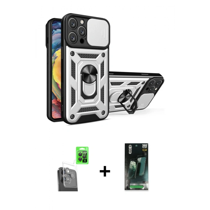 MARSİLYAN™- iPhone 16 Pro Kılıf Ahenk Klasik - Siyah 360 Mat Full Body Arka Koruyucu + Raze Metal Kamera Lens - SH