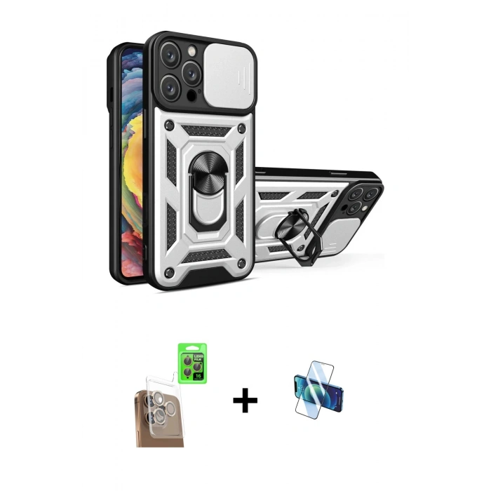 MARSİLYAN™- iPhone 16 Pro Kılıf Ahenk Klasik - Siyah 3D Antistatik Seramik Nano Ekran Koruyucu + Çöl Titanyum Raze Metal Kamera Lens