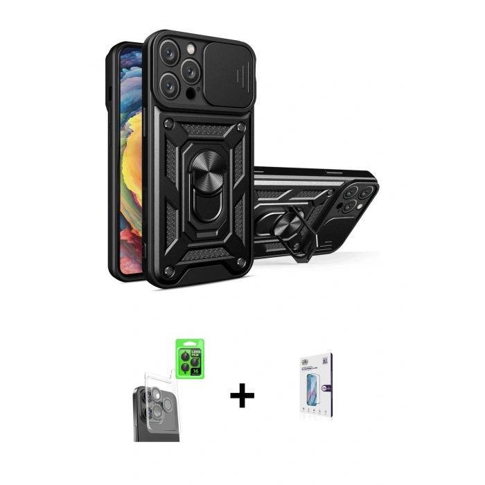 MARSİLYAN™- iPhone 16 Pro Kılıf Ahenk Klasik - Siyah Bilvis 0.18mm Plus Cam Ekran Koruyucu + Raze Metal Kamera Lens - SH